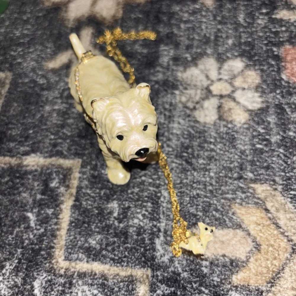 SCOTTY TERRIER / WESTIE WHITE WITH GOLD & STONE DOG TRINKET BOX AND NECKLACE